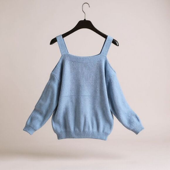 Cold Shoulder Sweater Women Small Blue Square Neck Oversized Long Sleeved - Picture 2 of 8